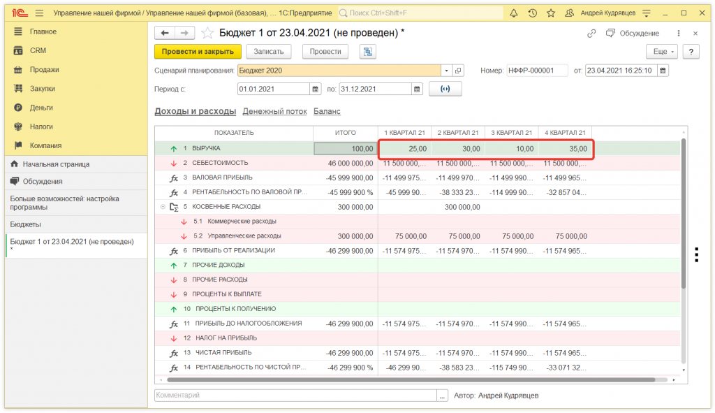 Как в 1С:Управление нашей фирмой создать бюджет